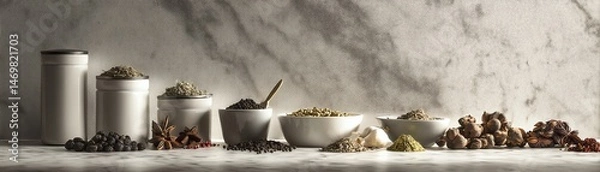 Fototapeta Spices and herbs arranged on a marble surface.