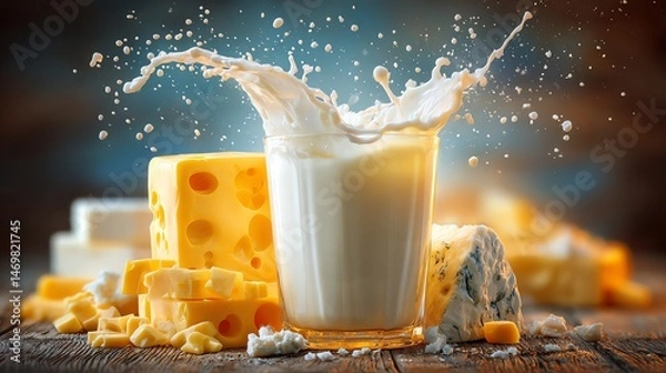Fototapeta Splash of milk with assorted cheese delights.