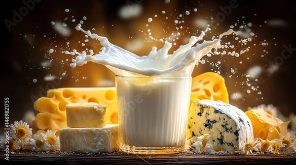 Fototapeta Splash of milk next to various cheese types.