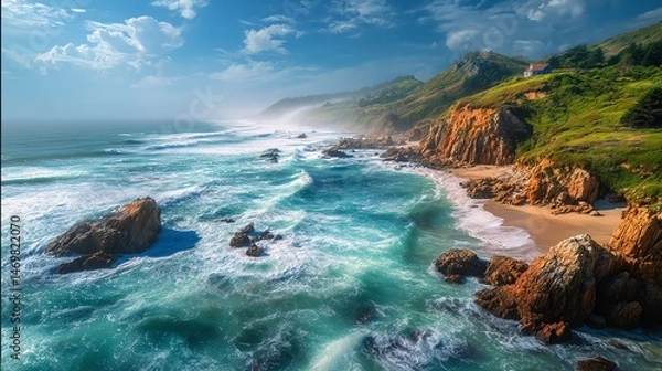 Fototapeta Stunning coastal view with waves and cliffs.