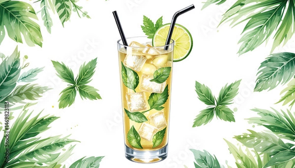 Fototapeta Watercolor Mojito Illustration With Mint And Lime