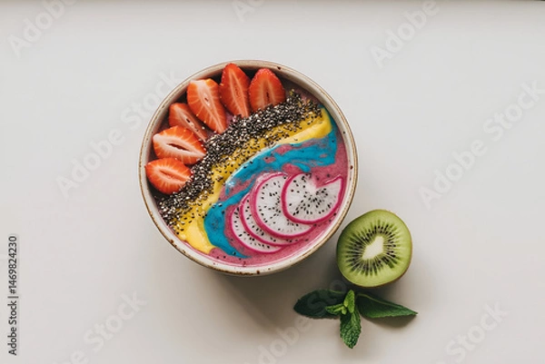 Fototapeta  colorful fruit smoothie bowl with chia seeds and strawberries, white background