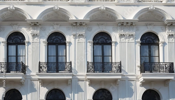 Fototapeta White Building Facade With Ornate Balconies And Arched Windows Architecture Detail Classic Exterior Design