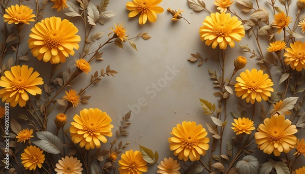 Fototapeta Yellow Flower Arrangement With Leaves And Empty Space Top View Elegant Floral Design For Creative Projects And Graphic Resources
