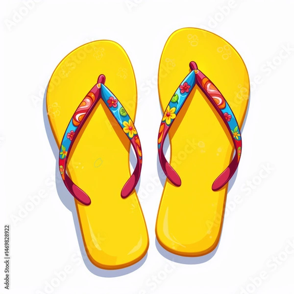 Obraz A vibrant illustration of bright yellow flip flops, featuring colorful straps adorned with flowers and swirls, evoking a cheerful and lively mood.