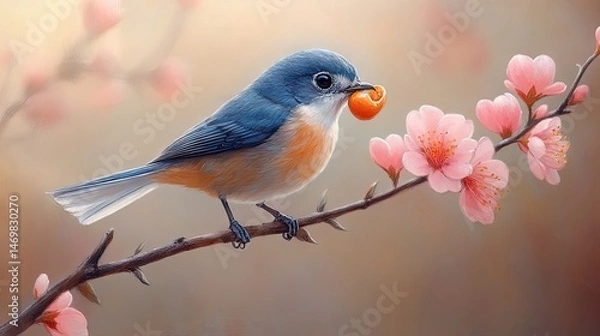 Fototapeta Delicate bird with vibrant colors perched on a blossom-laden branch.