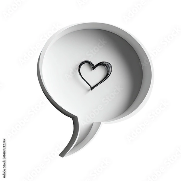 Fototapeta A three dimensional white speech bubble containing a painted black heart symbol, expressing love and affection in a minimalist and modern artistic style.