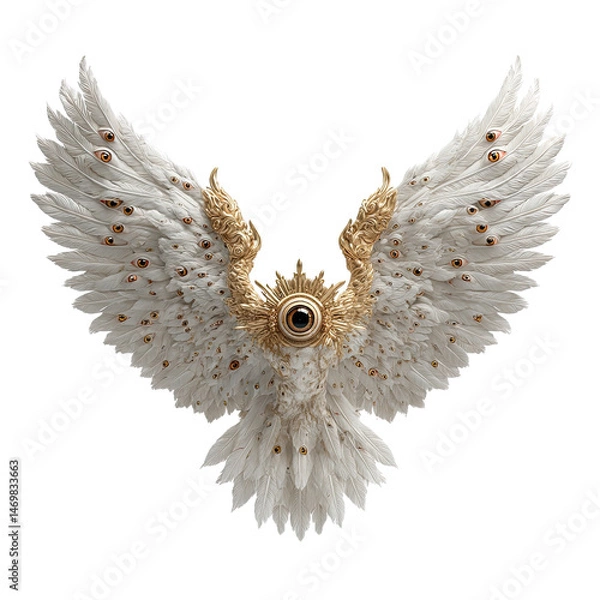 Fototapeta An ethereal white seraphim creature unfolds its magnificent wings adorned with many watchful eyes, emanating a powerful and otherworldly presence of divine grace.