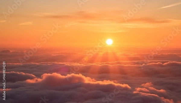 Obraz A view of the sun shining brightly above a sea of clouds during a vibrant orange and yellow sunset
