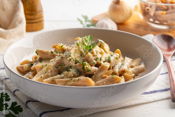 Fototapeta alfredo chicken pasta,Alfredo sauce with cooked penne rigate pasta in creamy sauce and juicy chicken in white plate.