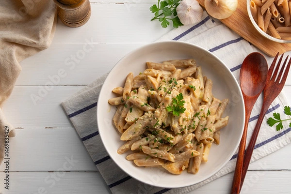 Fototapeta alfredo chicken pasta,Alfredo sauce with cooked penne rigate pasta in creamy sauce and juicy chicken in white plate.Top view.