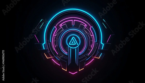 Fototapeta Abstract Neon Glowing Geometric Shape Design On Black Background