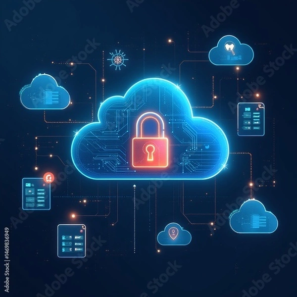 Fototapeta Cloud security protection with data encryption and privacy technology, safeguarding sensitive data with advanced cybersecurity measures, secure cloud computing solutions for businesses, encrypted data