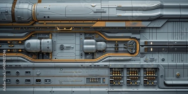 Fototapeta Complex Futuristic Spacecraft Surface Texture Featuring Mechanical Components, Pipes, Vents, and Intricate Paneling Details