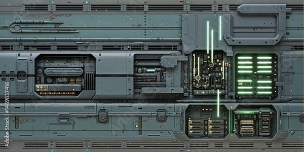 Fototapeta Dark teal futuristic panel with vibrant green glowing elements, intricate vents, pipes, and electronic details on a machine exterior, technology backdrop.