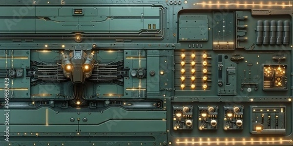 Fototapeta Deep Space Military Ship Interior Wall Paneling Texture with Glowing Lights, Mechanical Structure, and Control Components