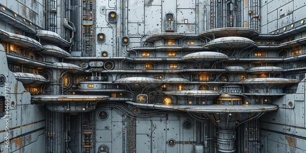 Fototapeta Organic Sci-Fi Architecture: Multi-layered Structure with Circular Platforms and Small Glowing Windows on a Grungy Metal Surface