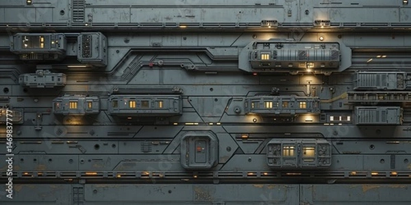 Fototapeta Grimy Sci-Fi Cityscape Exterior Wall with Modular Units and Warmly Lit Windows - Dystopian Urban Structure