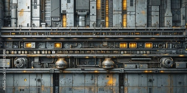 Fototapeta Multi-tiered Industrial Sci-Fi Structure Facade: Grungy Metal Surface with Vents, Pipes, and Windows Lit by Warm Orange Light