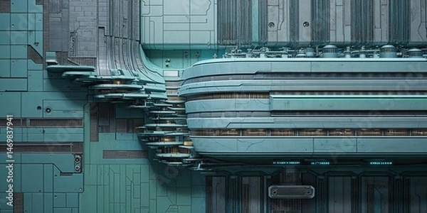 Fototapeta Futuristic Sci-Fi Architecture Detail: Layered Teal Metallic Structure with Curved Access Ramp and Illuminated Facade Elements
