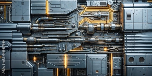 Fototapeta High-Tech Industrial Machinery Wall: Intricate Pipes, Metallic Components, and Glowing Yellow Conduits in a Sci-Fi Technical Background