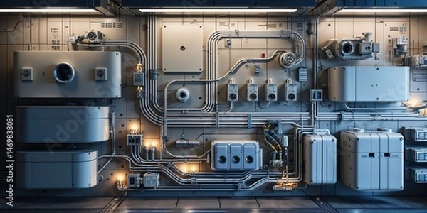Fototapeta Detailed Wall of Advanced Sci-Fi Technology: Interconnected Pipes, Complex Panels, and Illuminated Components in a Futuristic Industrial Setting