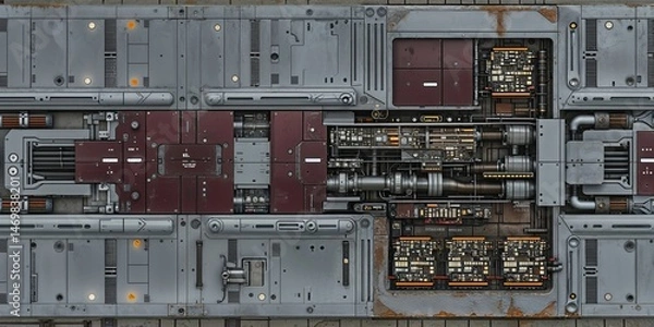 Fototapeta Detailed close-up of a weathered sci-fi control panel with glowing electronic components, intricate pipes, and red access panels, future technology background.