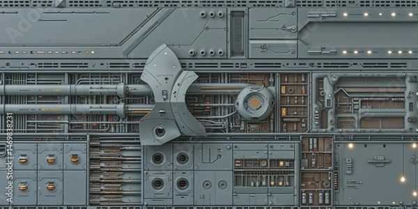 Fototapeta Complex Futuristic Gray Metal Panel with Large Pipes and Yellow Lights: Detailed Industrial Sci-Fi Wall and Machinery Texture Background