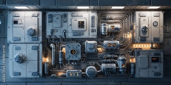 Fototapeta Intricate Sci-Fi Spacecraft Control Panel with Complex Machinery, Pipes, and Wiring in a Futuristic Interior Laboratory Setting