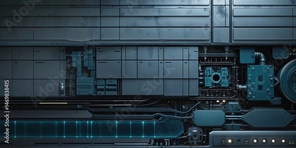 Fototapeta Abstract Sci-Fi Industrial Background with Intricate Machinery, Blue Luminous Panels, and Complex Wiring on a Metal Surface