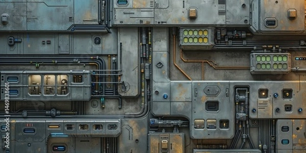 Fototapeta Intricate Sci-Fi Structure Wall Detail with Pipes, Vents, Modules, and Glowing Lights, Futuristic Technology Panel