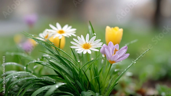 Fototapeta Vibrant springtime bloom: macro view of colorful daisies and tulips