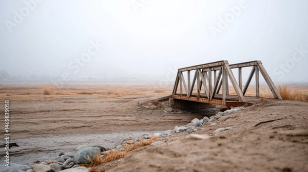 Fototapeta Abandoned bridge over dried riverbed in foggy landscape for urban decay theme