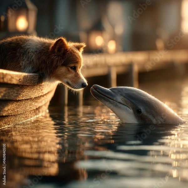 Fototapeta A Golden Encounter: A Dog's Curious Gaze Meets a Dolphin's Gentle Smile on a Serene, Sunlit Waterway