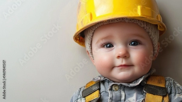 Fototapeta A baby wearing a yellow hard hat and overalls, sitting against a white wall.