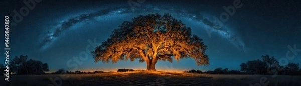 Fototapeta Large Tree Illuminated at Night Underneath a Starry Sky