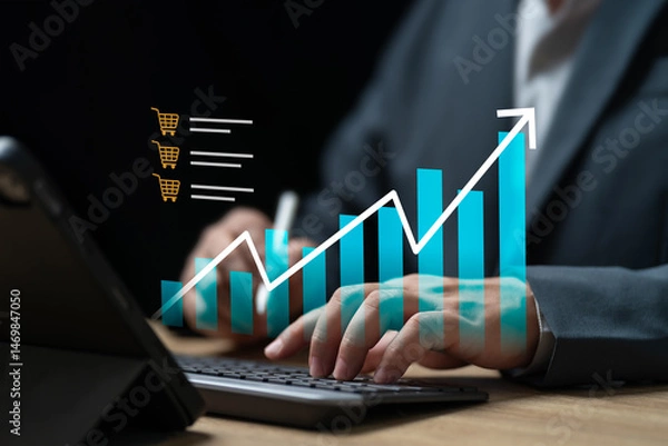 Obraz Sales and profit management, Business analysing growth concept, ฺีBusinessman comparison of sales and profits of product with graph of increase in sales volume with shopping marketing ecommerce growth