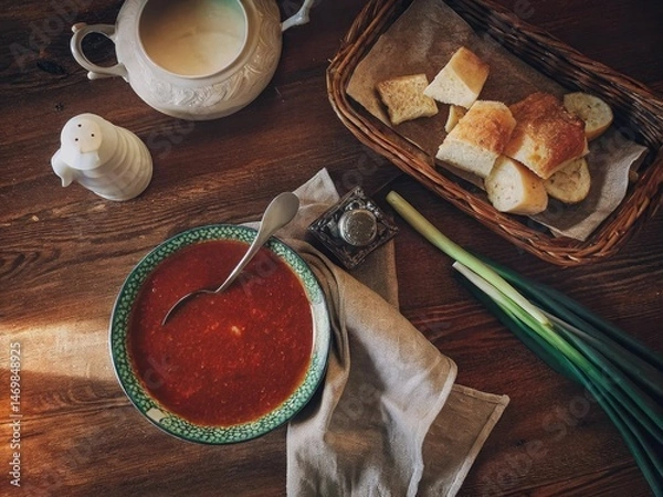 Fototapeta Rustic Table Setting with Tomato Soup, Bread, and Fresh Green Onions