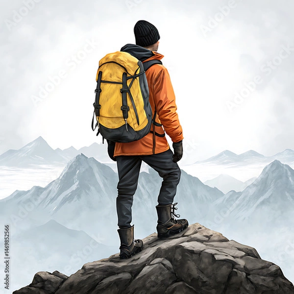 Fototapeta A lone hiker stands atop a mountain peak overlooking a vast misty landscape