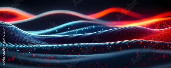 Obraz Vibrant abstract background with flowing red and blue light waves and glowing particles on a dark surface. Dynamic, modern digital art.