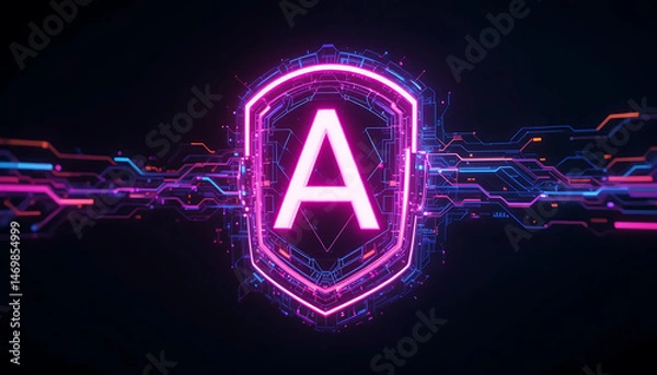 Fototapeta Cybernetic Shield With Initial A Neon Glow Technology Concept Artificial Intelligence Futuristic Design Digital Security Data Protection