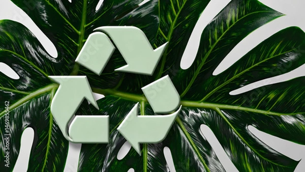 Fototapeta Bright recycling emblem rests against lush monstera leaves, symbolizing eco commitment. Vivid recycling graphic evokes urgency of waste reduction and sustainable practices