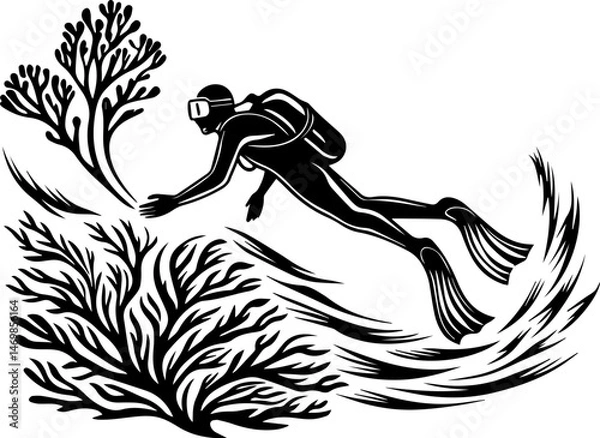 Fototapeta SVG vector of coral reef restoration showing marine life. Diver Exploring Coral Reef with Vibrant Marine Life Surroundings