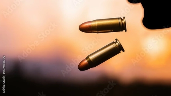 Fototapeta Ammunition and Reload Concept, Silhouette of a Shooter Dropping an Empty Magazine Against a Beautiful Sunset Background