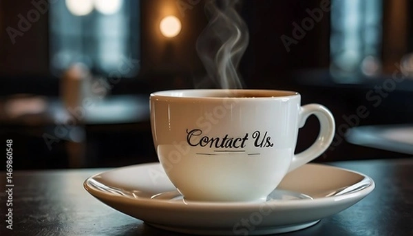 Obraz 
Steaming Coffee Cup with "Contact Us" Text on a Table