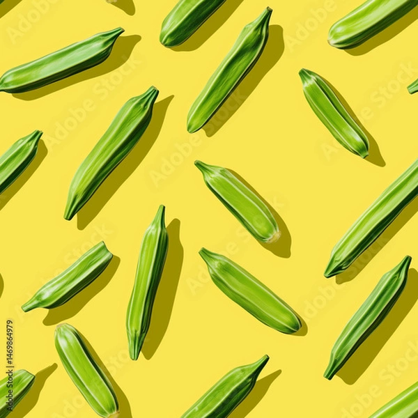 Obraz Tile Okra on Yellow: A vibrant assortment of fresh, green okra pods arranged in a visually appealing pattern against a bright yellow background