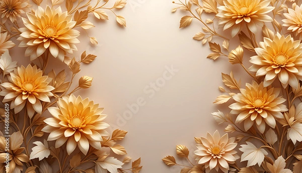 Fototapeta Elegant Floral Frame With Golden Daisies On Soft Beige Background For Invitations And Greetings Templates