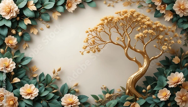 Fototapeta Elegant Floral Frame With Golden Tree Illustration Art Botanical Arrangement With Flowers And Green Leaves Around A Golden Tree For Decoration And Invitation