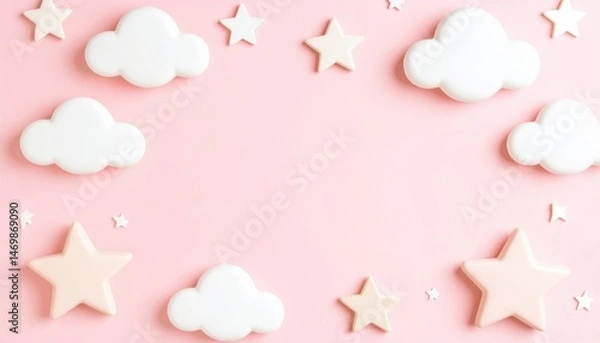 Fototapeta Dreamy cloud and star decorations soft pink background photography playful atmosphere aerial view whimsical design