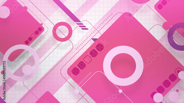 Fototapeta 角丸四角形とシンプルな図形が並ぶポップでスタイリッシュな平面構成 - ピンク